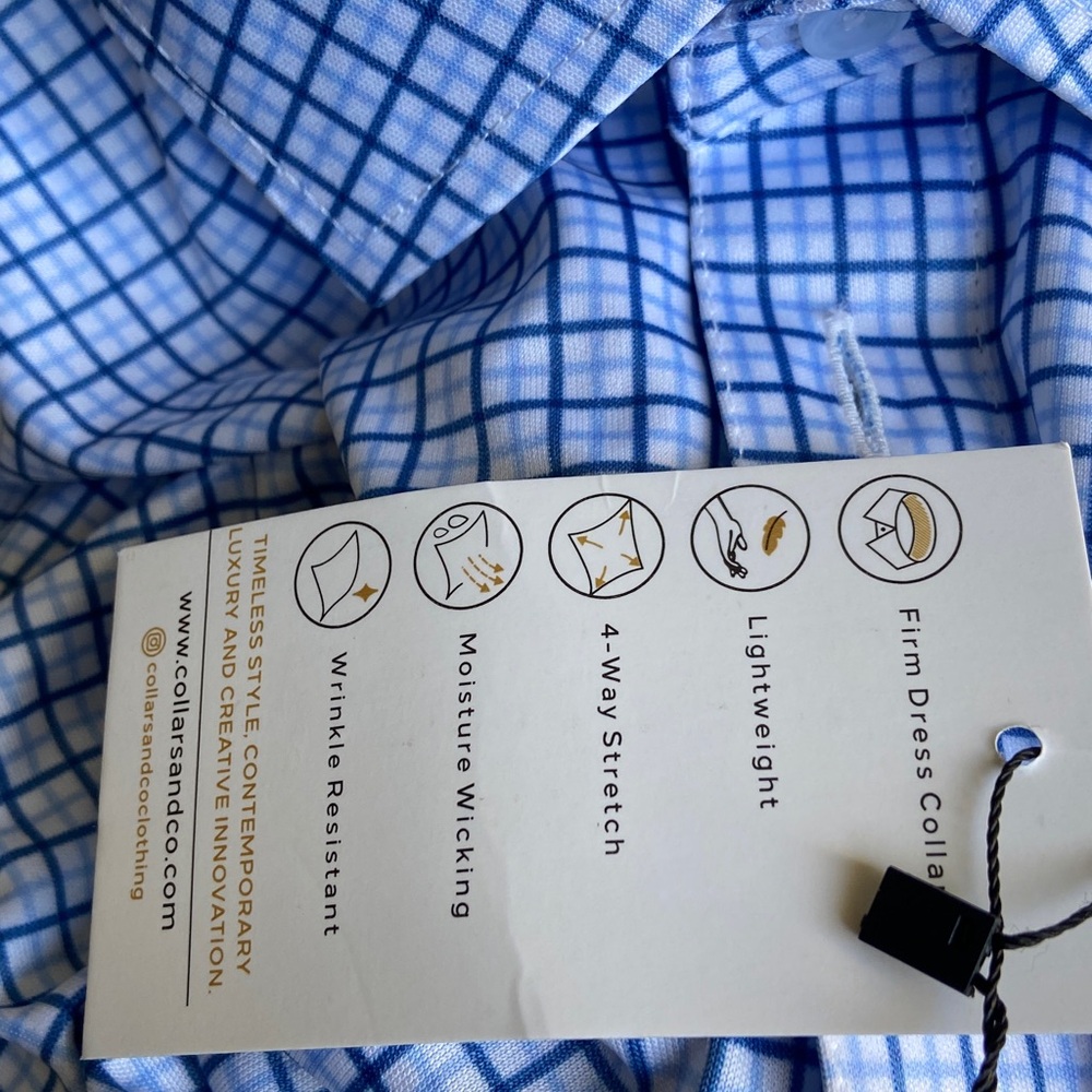NWT Collars & Co. Semi-Spread Collar Polo Blue Tattersall Mens Size Medium Tall - Picture 11 of 11